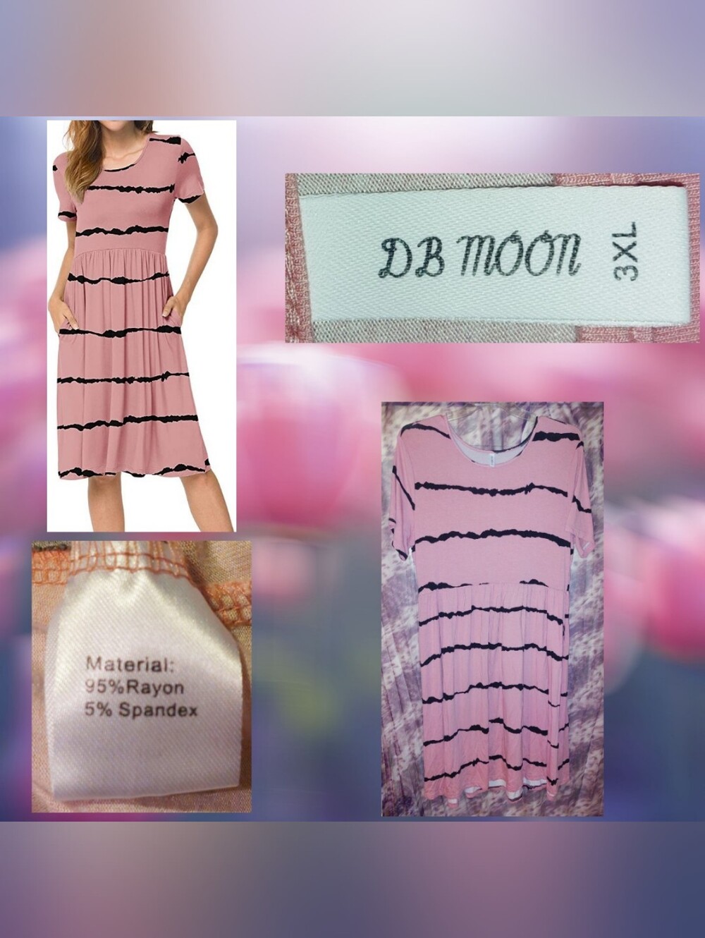 DB MOON Dusty Rose Pink w/Blk Stripes Crew Neck Knee Length Dress W/Pockets 3XL